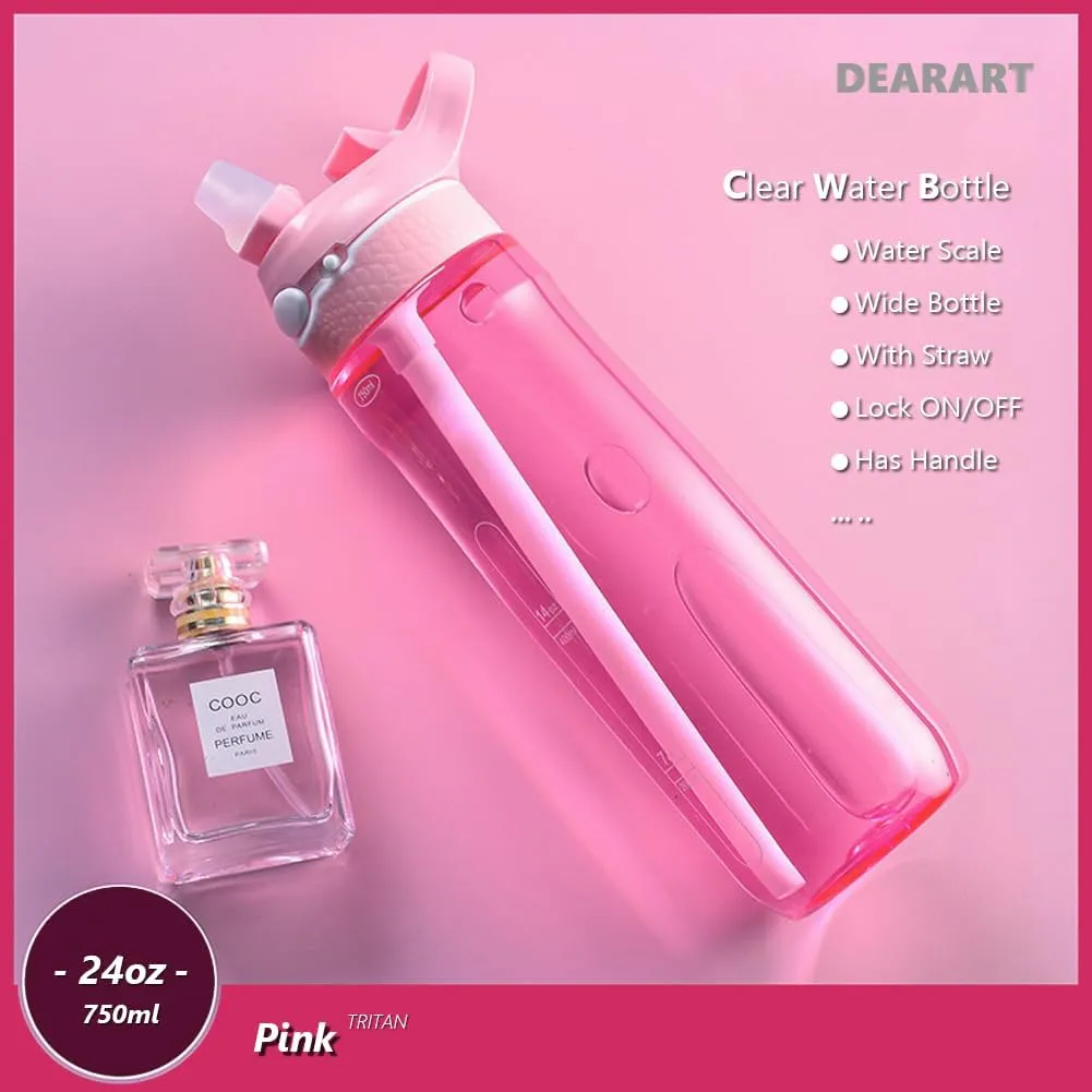 DEARART 2-Pack 24oz Pink & Black Water Bottles With Straw, Leakproof BPA FREE Hidden Nozzle, Flip Up Lid Has Handle Wide Bottle Easy Clear, Suit Office Yoga Outdoor Sports Travel Gym.