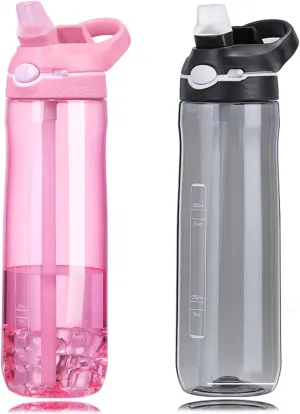 DEARART 2-Pack 24oz Pink & Black Water Bottles With Straw, Leakproof BPA FREE Hidden Nozzle, Flip Up Lid Has Handle Wide Bottle Easy Clear, Suit Office Yoga Outdoor Sports Travel Gym.