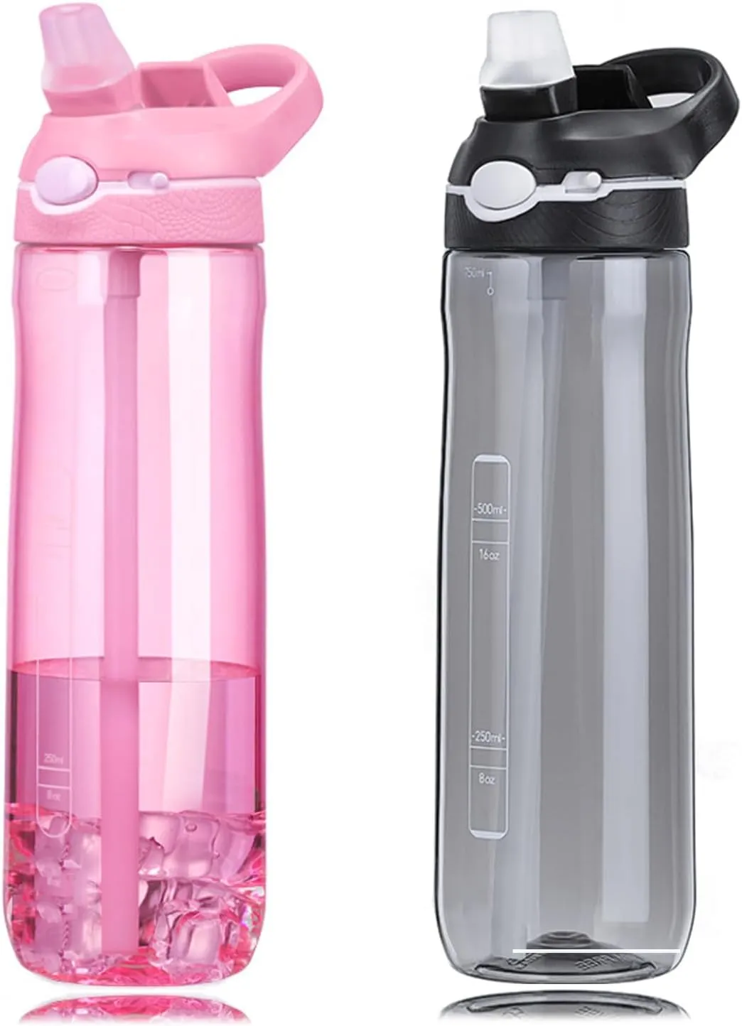 DEARART 2-Pack 24oz Pink & Black Water Bottles With Straw, Leakproof BPA FREE Hidden Nozzle, Flip Up Lid Has Handle Wide Bottle Easy Clear, Suit Office Yoga Outdoor Sports Travel Gym.