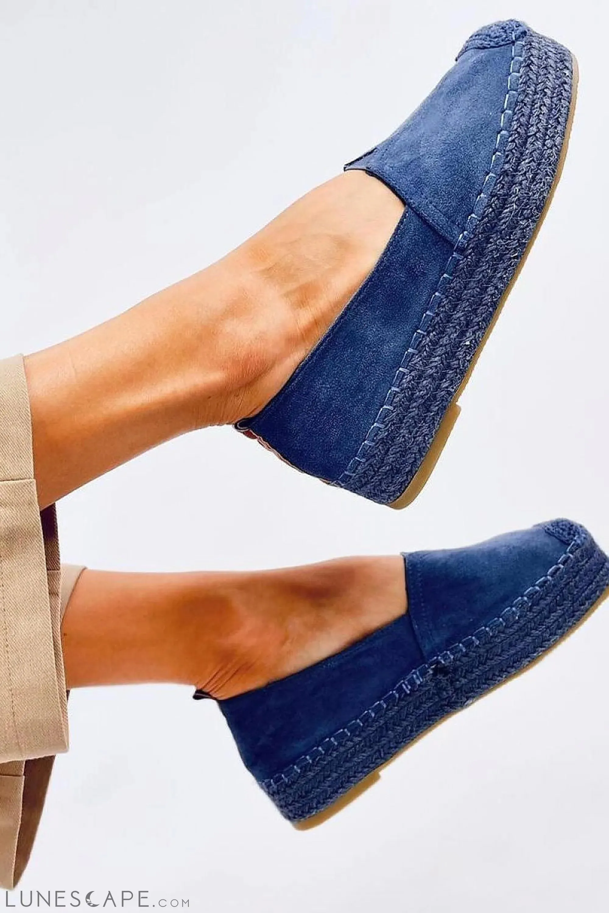 Denim Blue Slip-on Flatform Espadrilles Braided with Jute Platform & Cap Toe