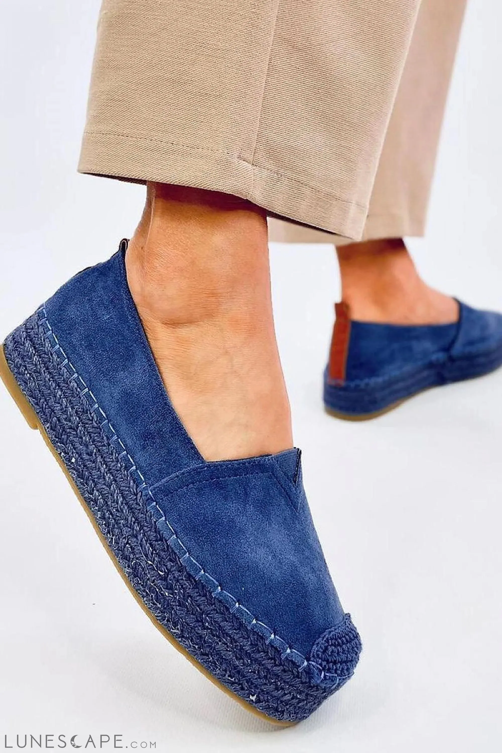 Denim Blue Slip-on Flatform Espadrilles Braided with Jute Platform & Cap Toe