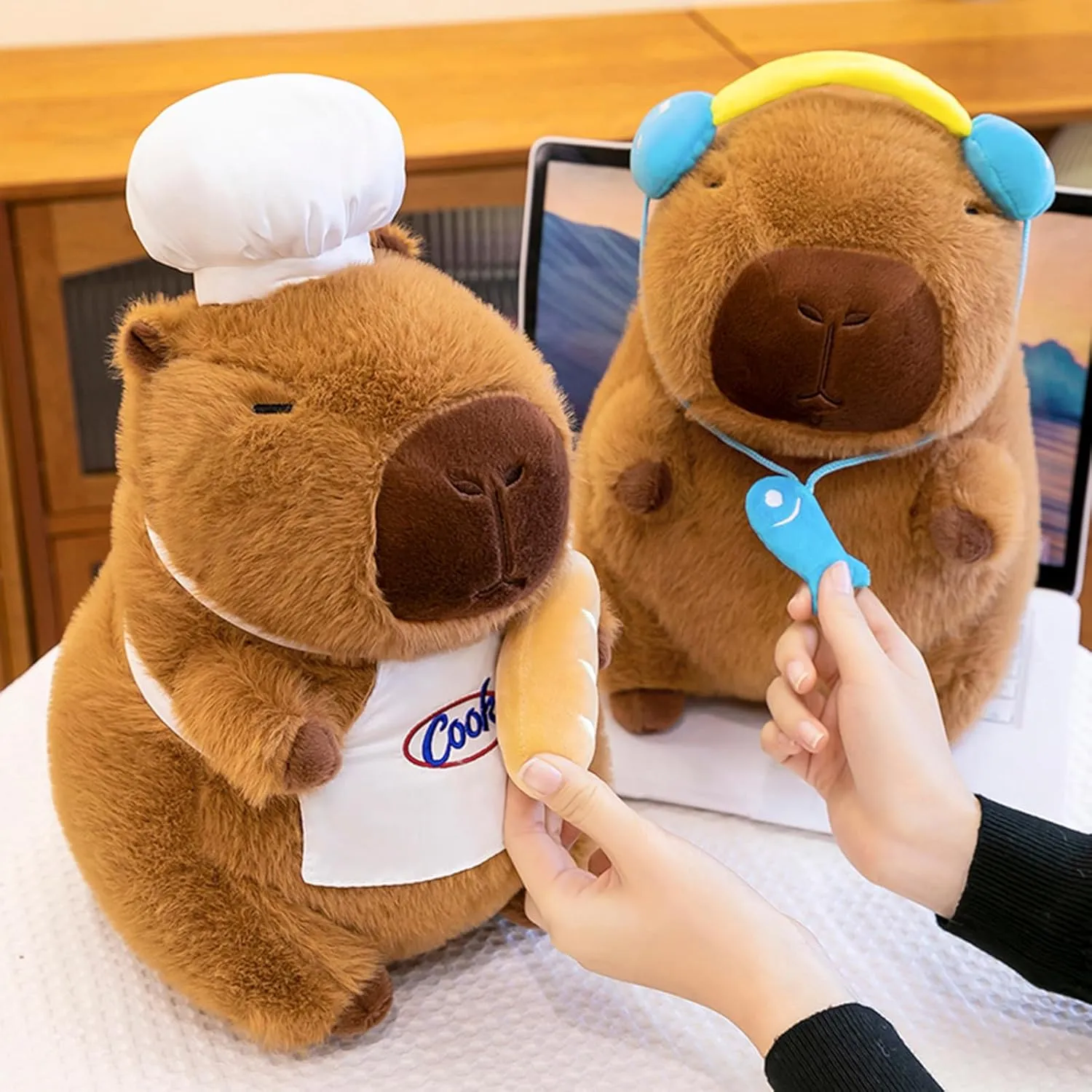 Ditucu Cute Capybara Plush with Cooking Chef Hat French Baguette Bread Capibara Stuffed Animal Soft Plushies Toys Gifts for Kids Brown 13.7 inch