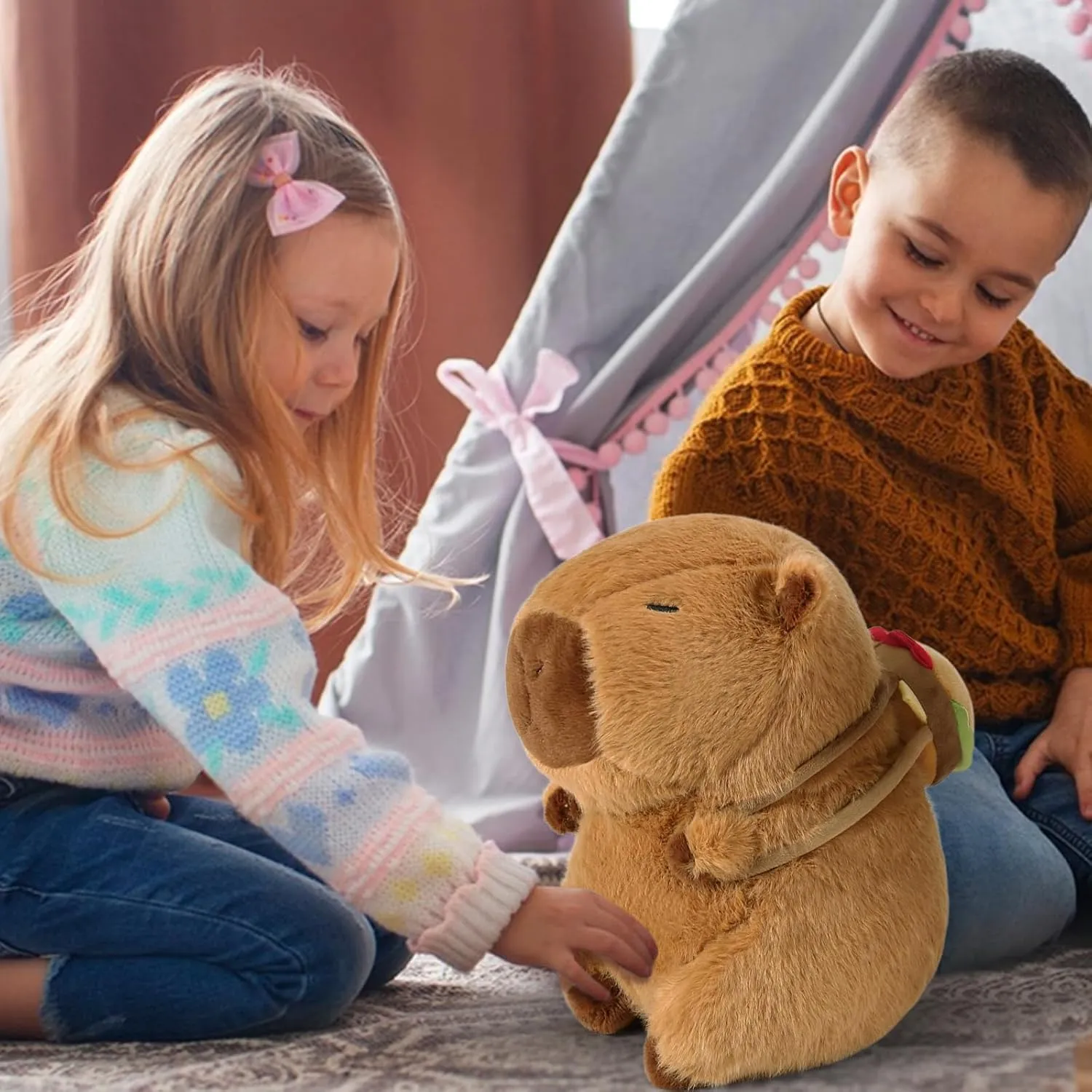 Ditucu Cute Capybara Plush with Hamburger Backpack Soft Capibara Stuffed Animal Plushies Toys Hugging Gifts for Kids Brown 13 inch