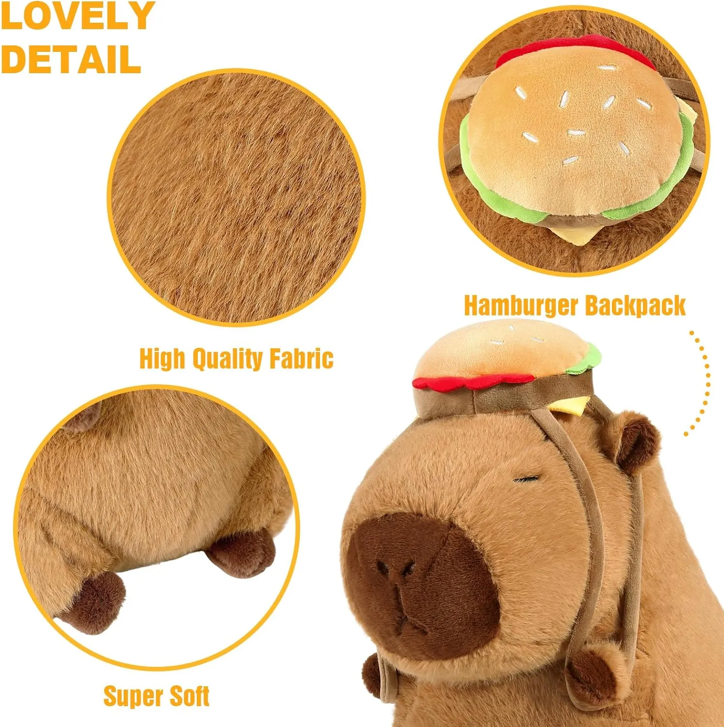 Ditucu Cute Capybara Plush with Hamburger Backpack Soft Capibara Stuffed Animal Plushies Toys Hugging Gifts for Kids Brown 13 inch