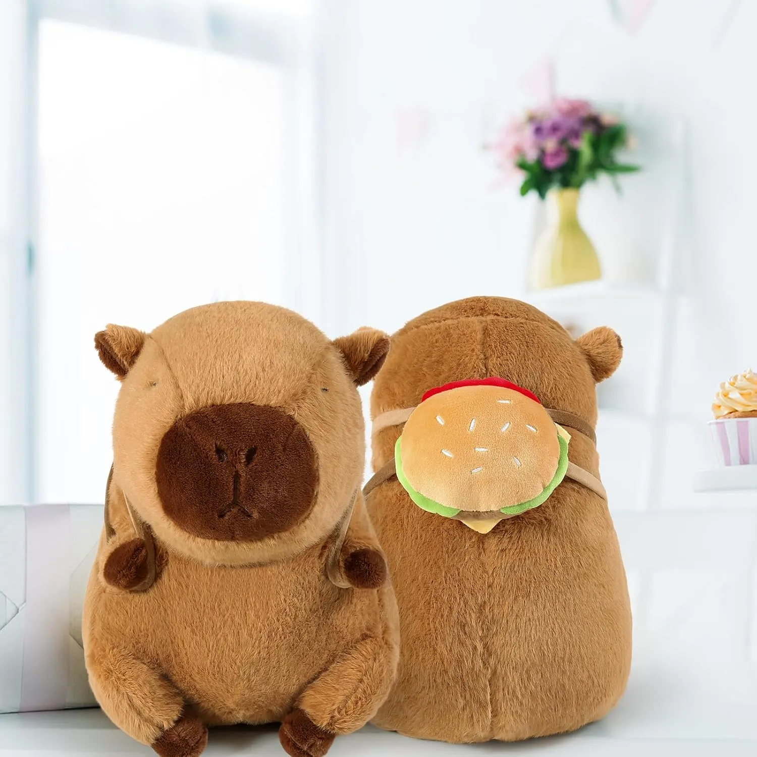 Ditucu Cute Capybara Plush with Hamburger Backpack Soft Capibara Stuffed Animal Plushies Toys Hugging Gifts for Kids Brown 13 inch