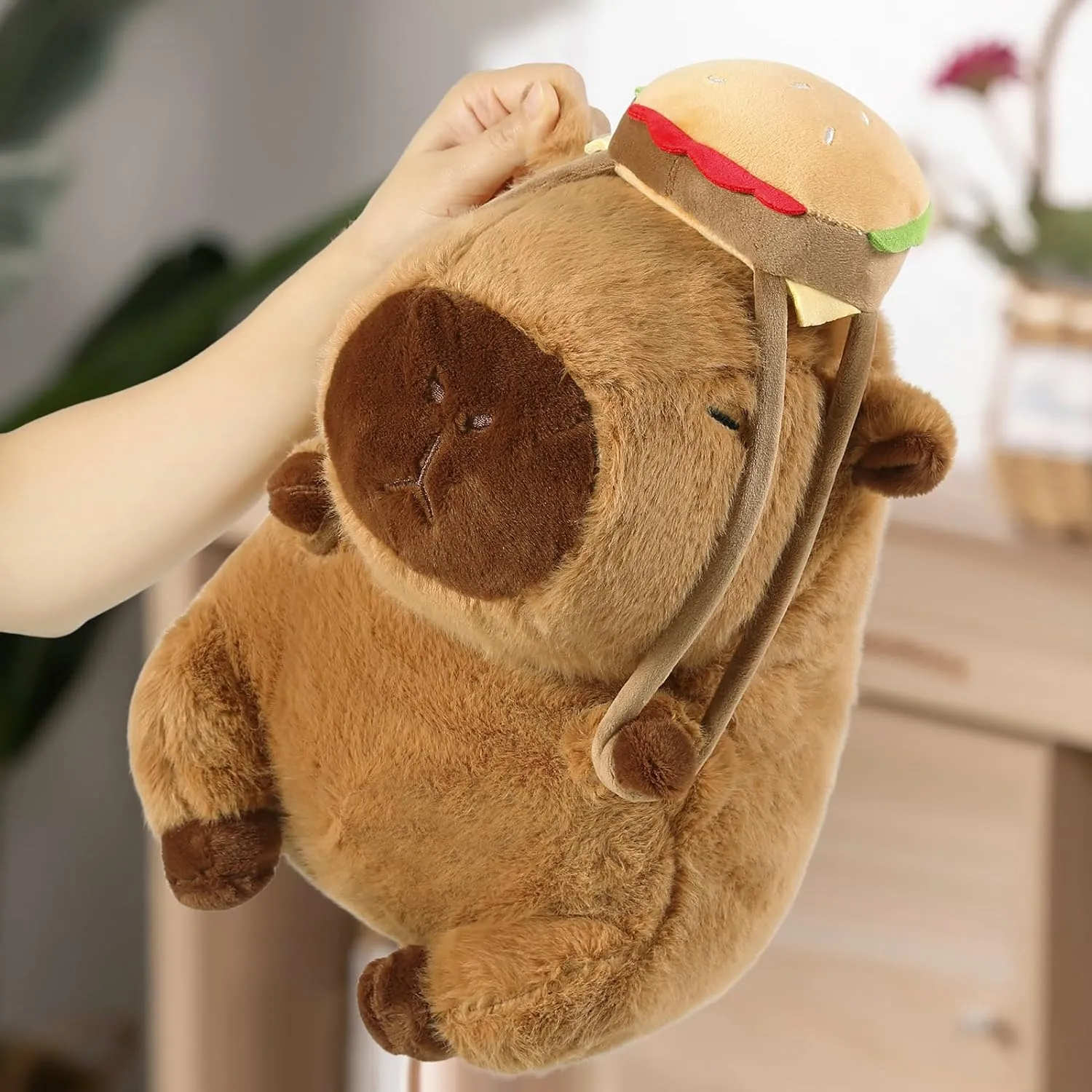 Ditucu Cute Capybara Plush with Hamburger Backpack Soft Capibara Stuffed Animal Plushies Toys Hugging Gifts for Kids Brown 13 inch