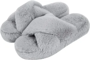 DL Fluffy Womens House Slippers Cross Band Open Toe, Soft Plush Fleece Bedroom Slippers Women Memory Foam, Comfy Fuzzy Slip On Non-Slip Womens Slippers Indoor Leopard Size