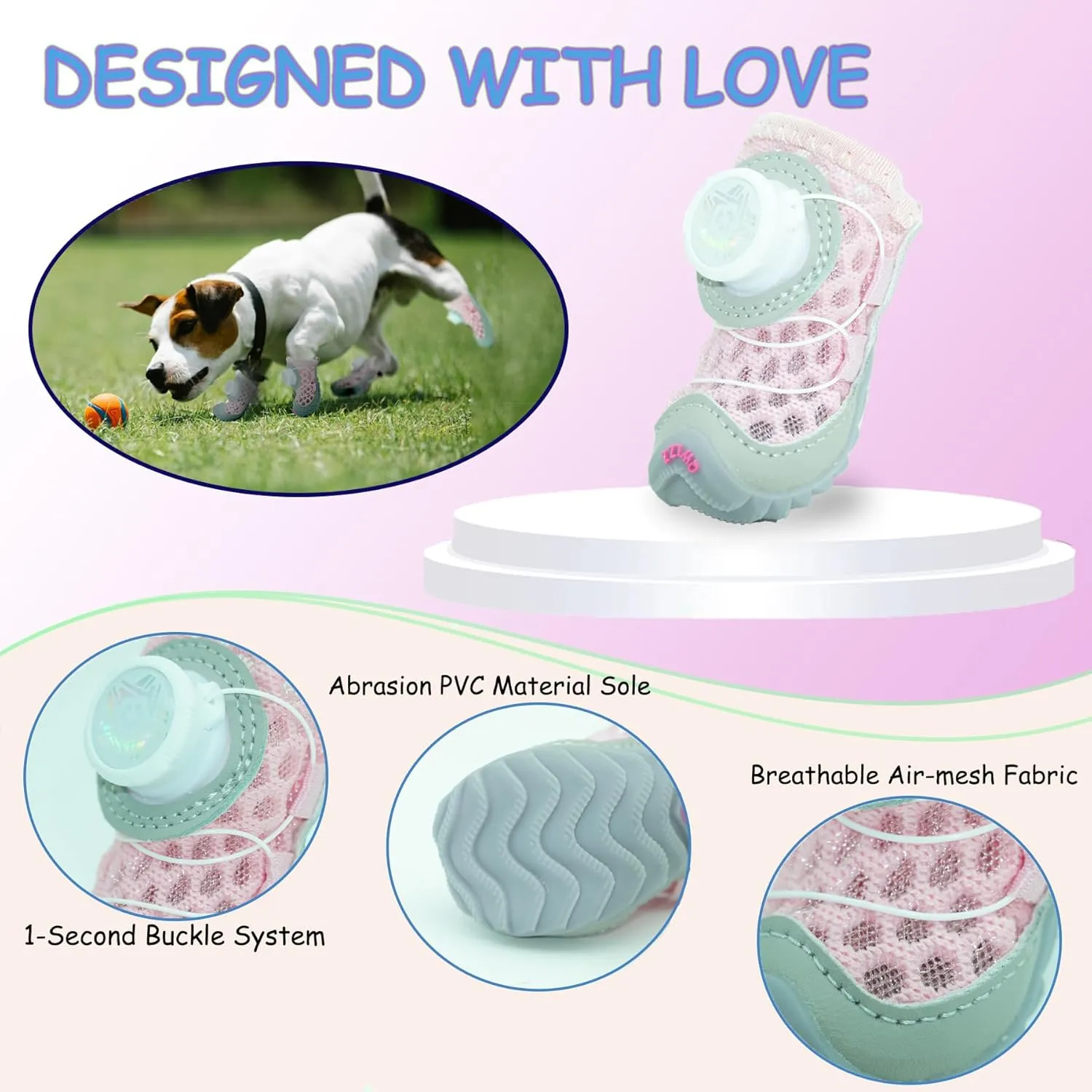 Dog Shoes Paw Protectors for Small Medium Size Puppy, Breathable Cold Mesh Pets Booties with Anti Slip Soft Sole for Hardwood Floors Summer, Button Revolve Design Easy to Wear (Pink)