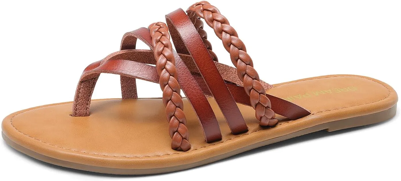 DREAM PAIRS Women's Flip Flops Round Toe Multi Strap lightweight Summer Beach Flat Casual Thong Sandals