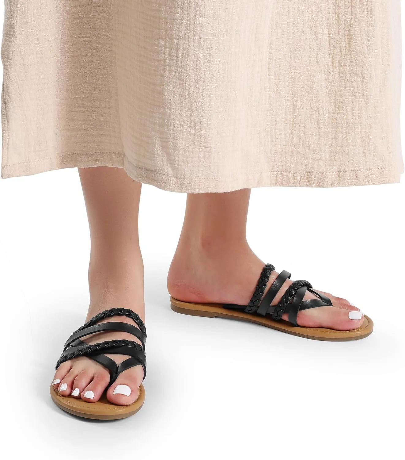 DREAM PAIRS Women's Flip Flops Round Toe Multi Strap lightweight Summer Beach Flat Casual Thong Sandals