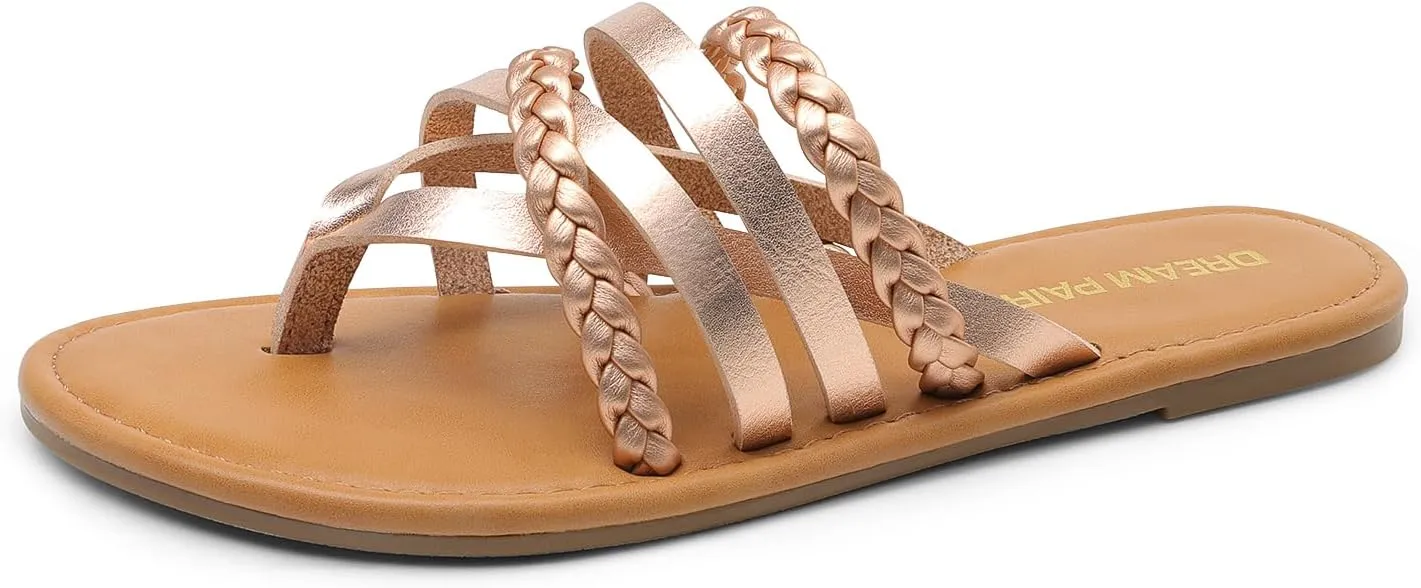 DREAM PAIRS Women's Flip Flops Round Toe Multi Strap lightweight Summer Beach Flat Casual Thong Sandals