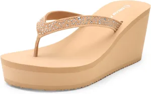 DREAM PAIRS Women's Platform Flip Flop Rhinestones Arch Support Comfortable Soft Cushion Wedge Flip Flops Summer Thong Sandals