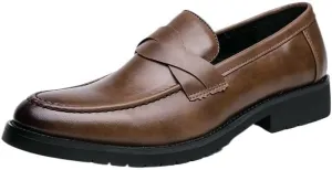 Dress Oxford Shoes for Men's Calfskin Leather Casual Slip-on Breathable Non Slip Block Heel Casual Loafers