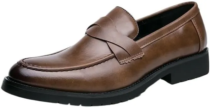 Dress Oxford Shoes for Men's Calfskin Leather Casual Slip-on Breathable Non Slip Block Heel Casual Loafers