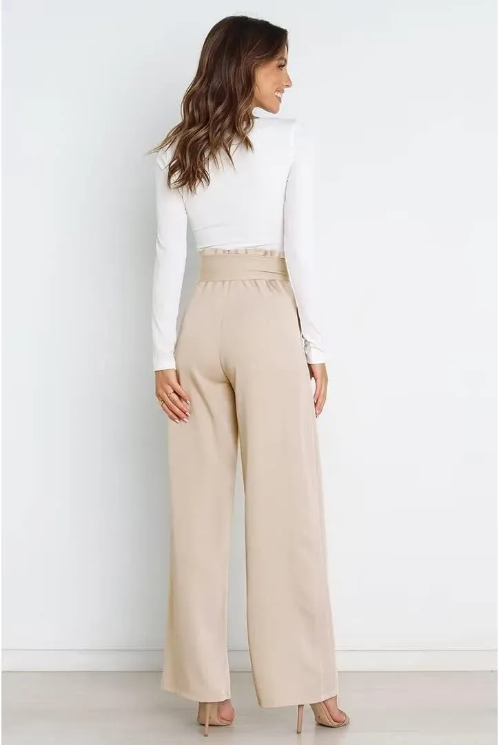 Dress Pants Women,Wide Leg Pants for Women,Smocked Waist Pants with Belt,Loose Straight Leg Flatting Pants