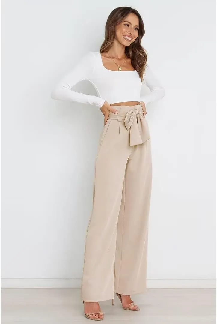 Dress Pants Women,Wide Leg Pants for Women,Smocked Waist Pants with Belt,Loose Straight Leg Flatting Pants