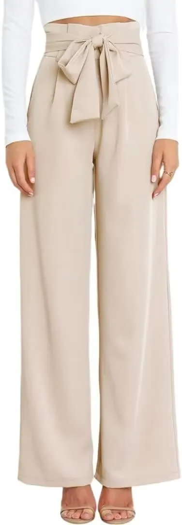 Dress Pants Women,Wide Leg Pants for Women,Smocked Waist Pants with Belt,Loose Straight Leg Flatting Pants
