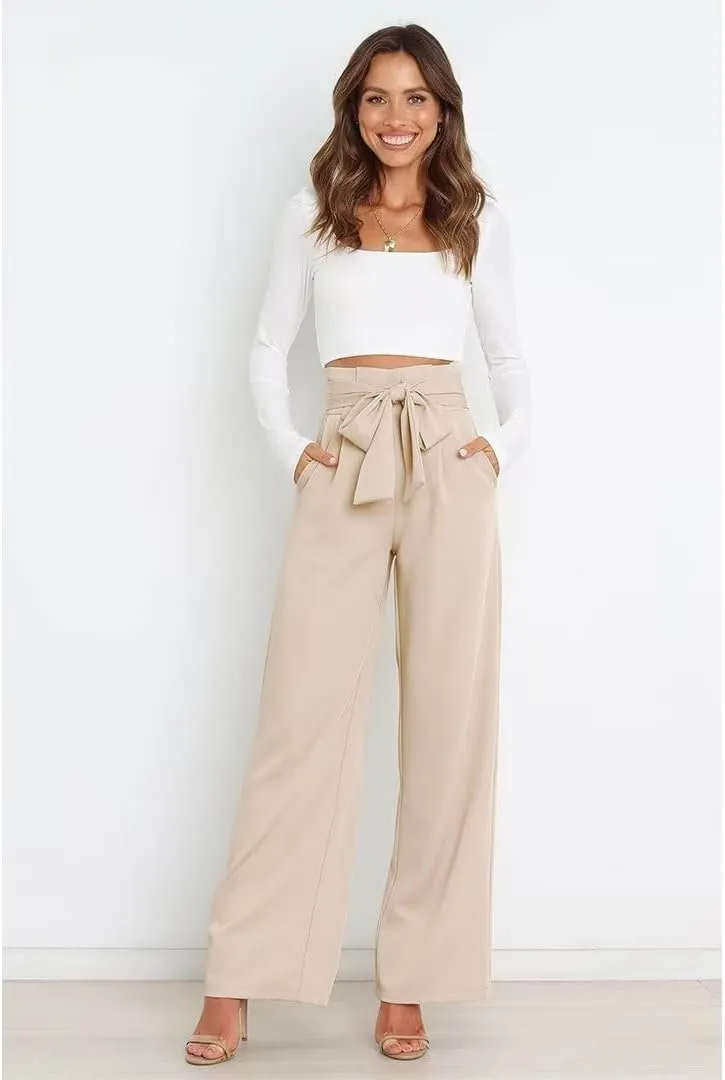 Dress Pants Women,Wide Leg Pants for Women,Smocked Waist Pants with Belt,Loose Straight Leg Flatting Pants