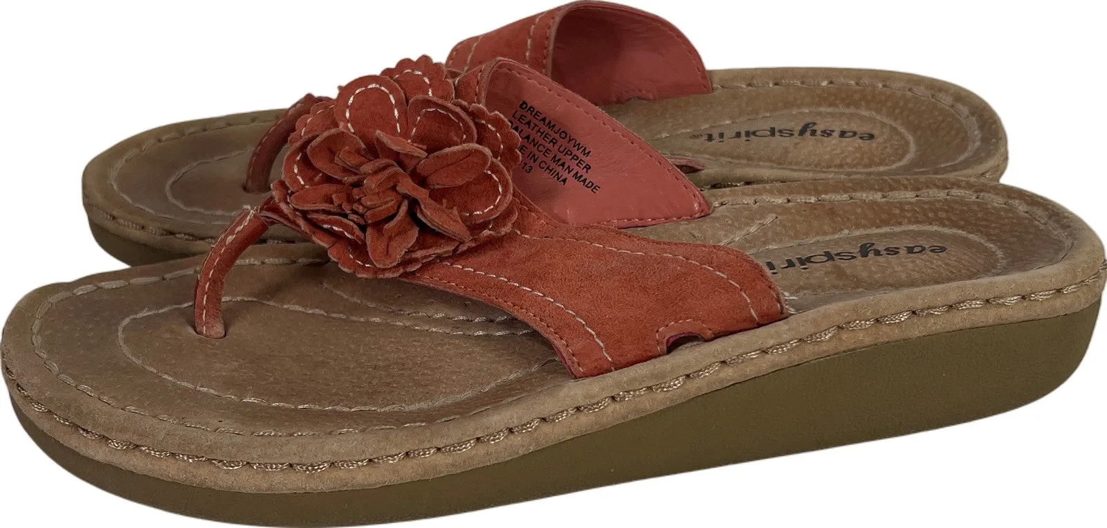 Easy Spirit Women’s Pink Leather Dream Joy Floral Flip Flops - 7.5