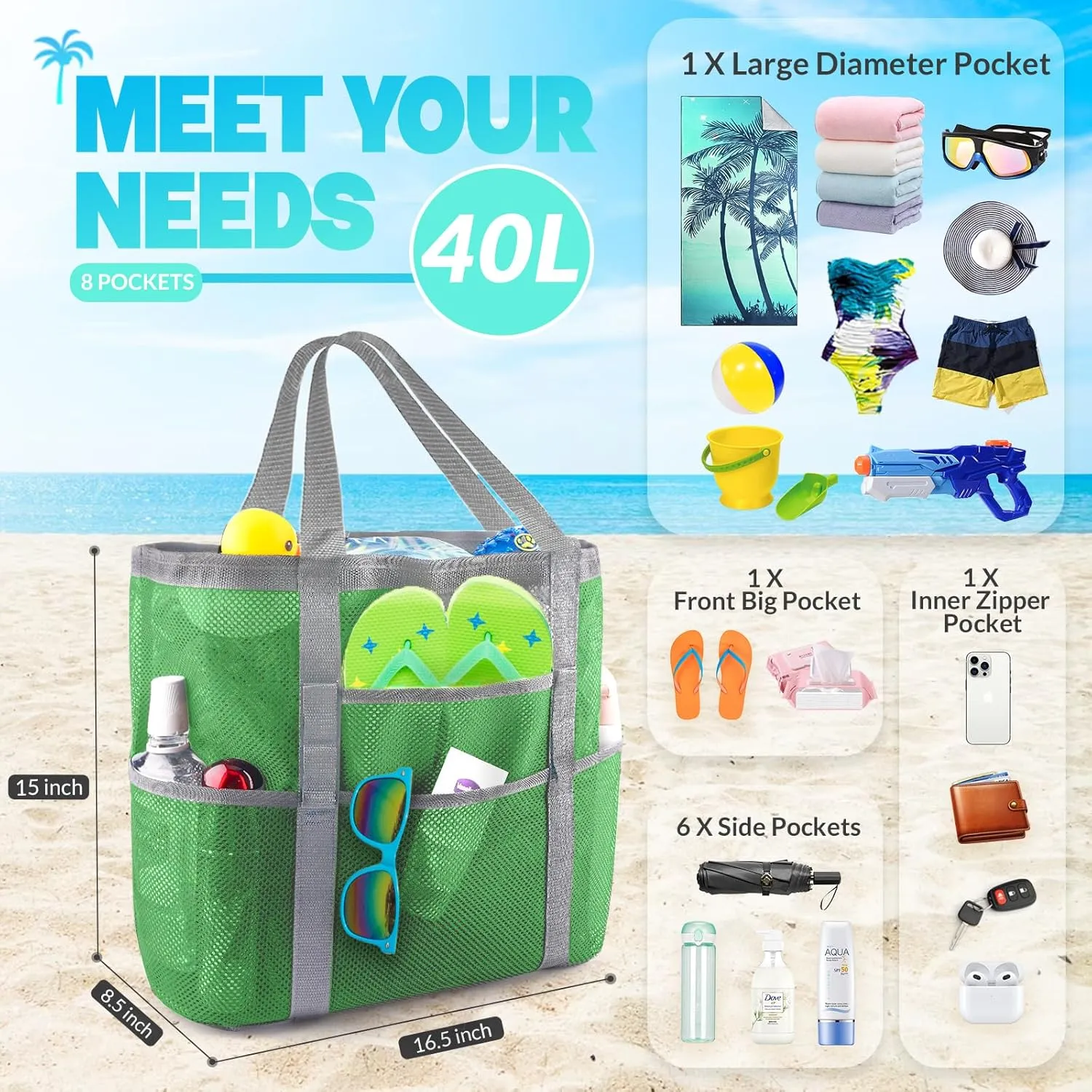 EASYFUN Beach Bag Large Mesh Beach Bag Lightweight Beach Tote with 9 Pockets Foldable Beach Accessories