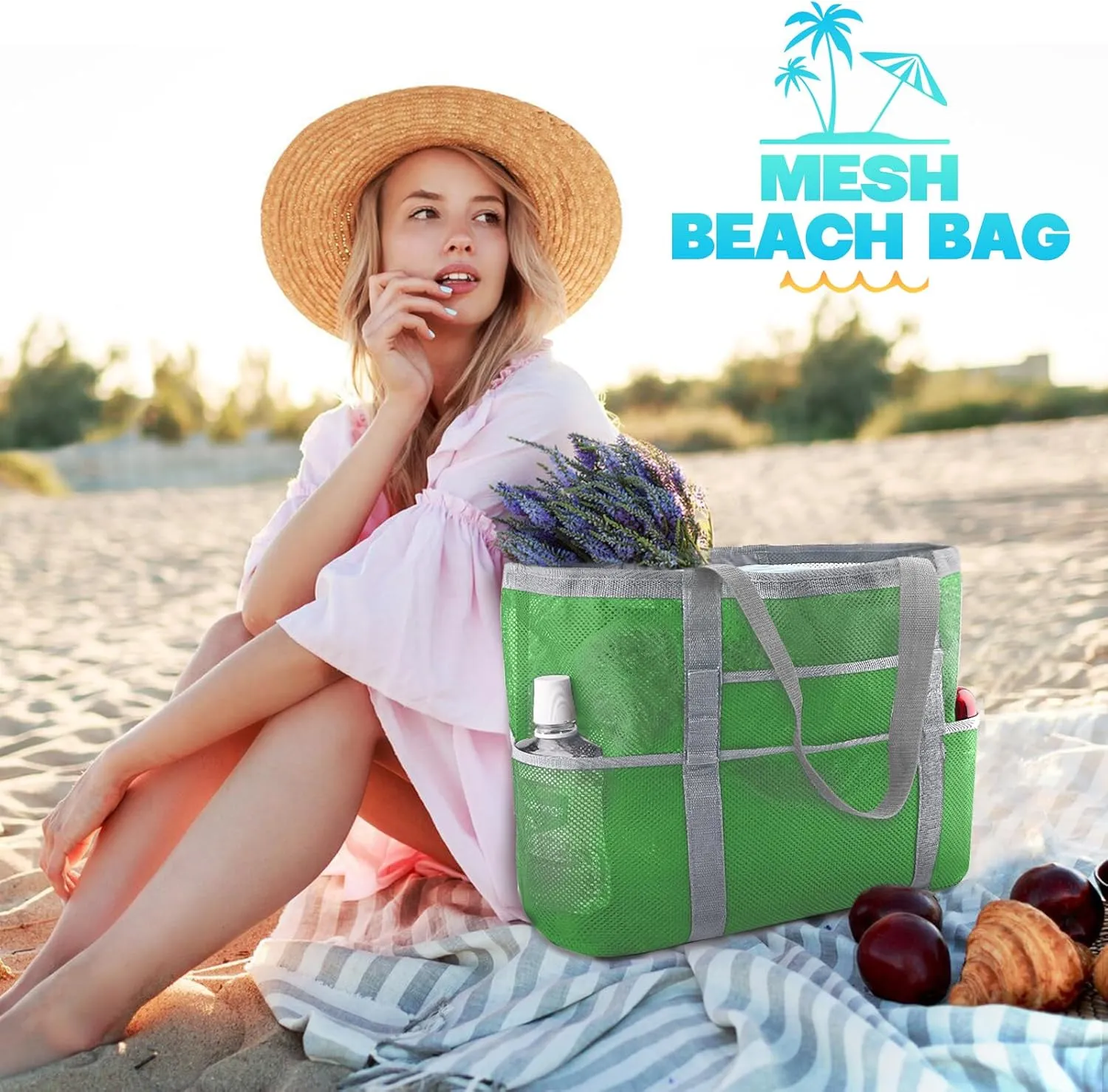EASYFUN Beach Bag Large Mesh Beach Bag Lightweight Beach Tote with 9 Pockets Foldable Beach Accessories