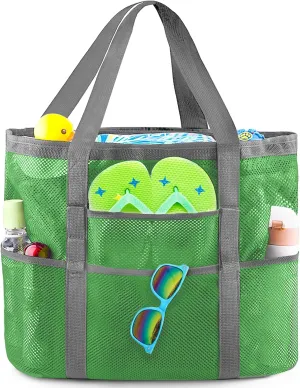 EASYFUN Beach Bag Large Mesh Beach Bag Lightweight Beach Tote with 9 Pockets Foldable Beach Accessories