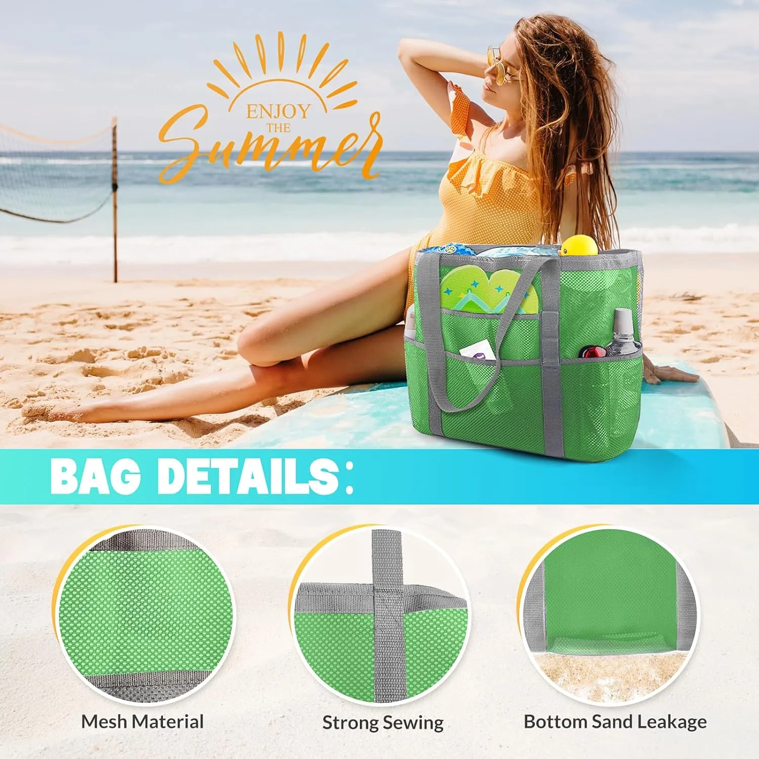 EASYFUN Beach Bag Large Mesh Beach Bag Lightweight Beach Tote with 9 Pockets Foldable Beach Accessories