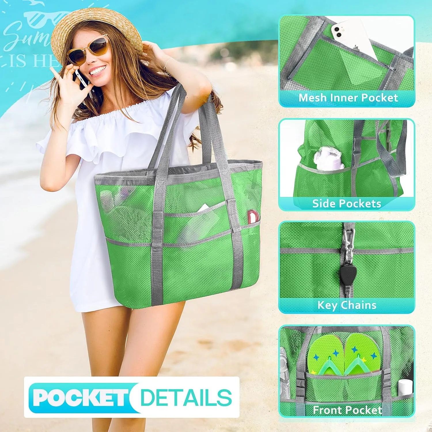 EASYFUN Beach Bag Large Mesh Beach Bag Lightweight Beach Tote with 9 Pockets Foldable Beach Accessories