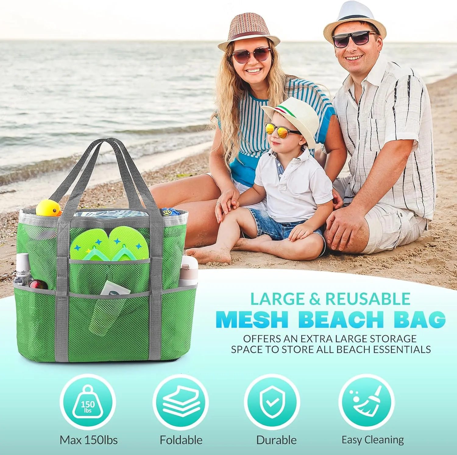 EASYFUN Beach Bag Large Mesh Beach Bag Lightweight Beach Tote with 9 Pockets Foldable Beach Accessories