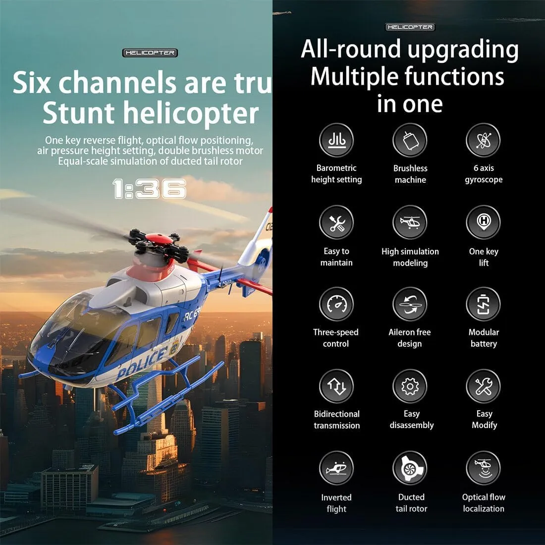 EC135 C123 1/36 Scale RC Helicopter, 2.4GHz 6CH Remote Control Helicopter with 6-Axis Gyro, 3D Flip, Inverted Flight, Altitude Hold, One Key Take Off/Landing - Champagne Gold/3 Battery