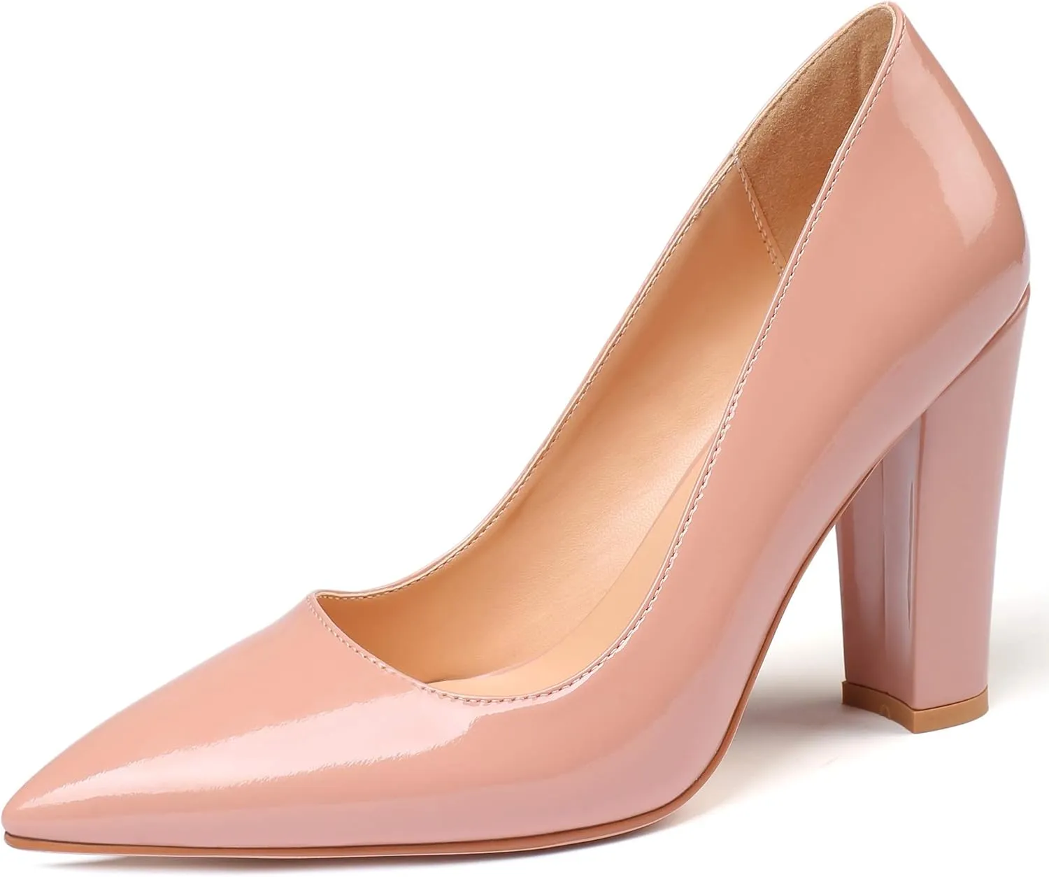Eldof Women's Pointed Toe Chunky High Heel Pumps Slip On 4 Inches Block Heels Comfortable High Heeled Dress Shoes for Wedding Party Event