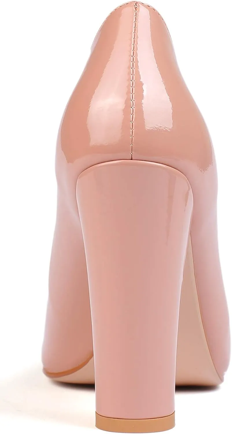 Eldof Women's Pointed Toe Chunky High Heel Pumps Slip On 4 Inches Block Heels Comfortable High Heeled Dress Shoes for Wedding Party Event