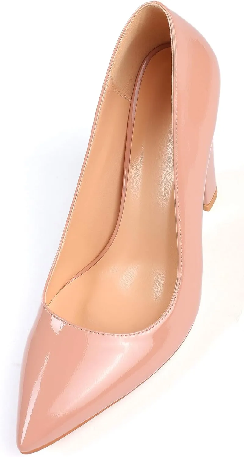Eldof Women's Pointed Toe Chunky High Heel Pumps Slip On 4 Inches Block Heels Comfortable High Heeled Dress Shoes for Wedding Party Event