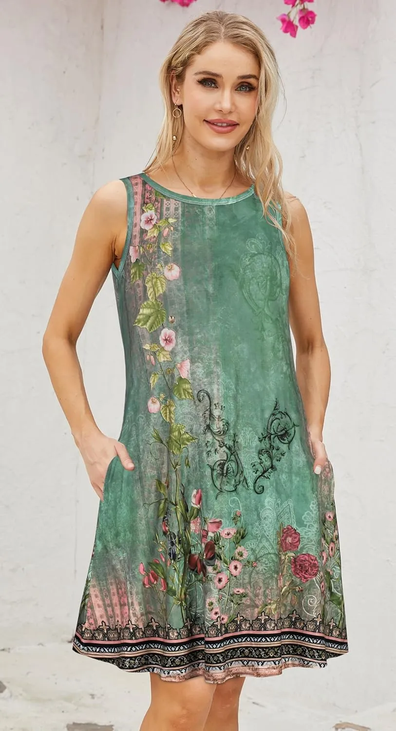 elescat Women's Summer Dresses 2025 Beach Casual Sleeveless Floral Print Tank Loose Sundress with Pocket