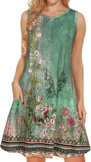 elescat Women's Summer Dresses 2025 Beach Casual Sleeveless Floral Print Tank Loose Sundress with Pocket