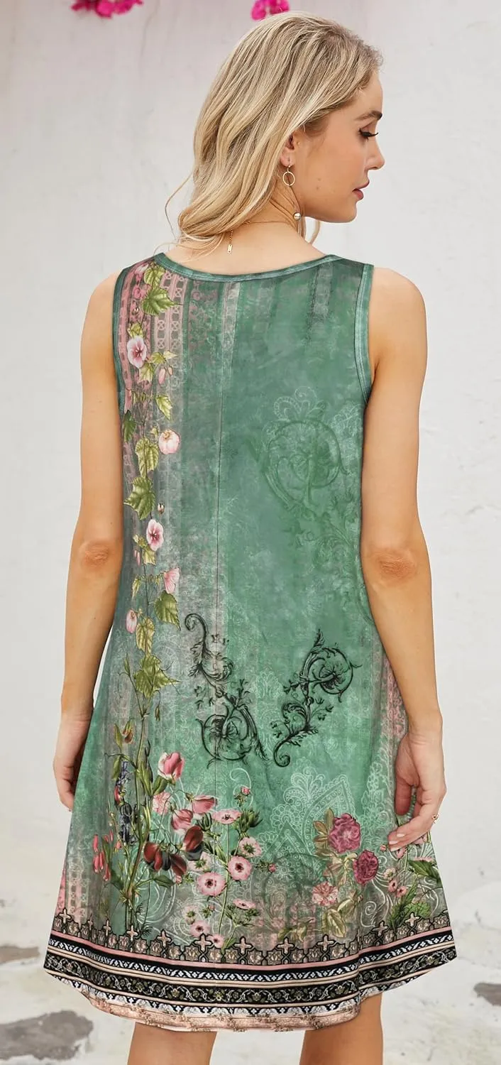 elescat Women's Summer Dresses 2025 Beach Casual Sleeveless Floral Print Tank Loose Sundress with Pocket