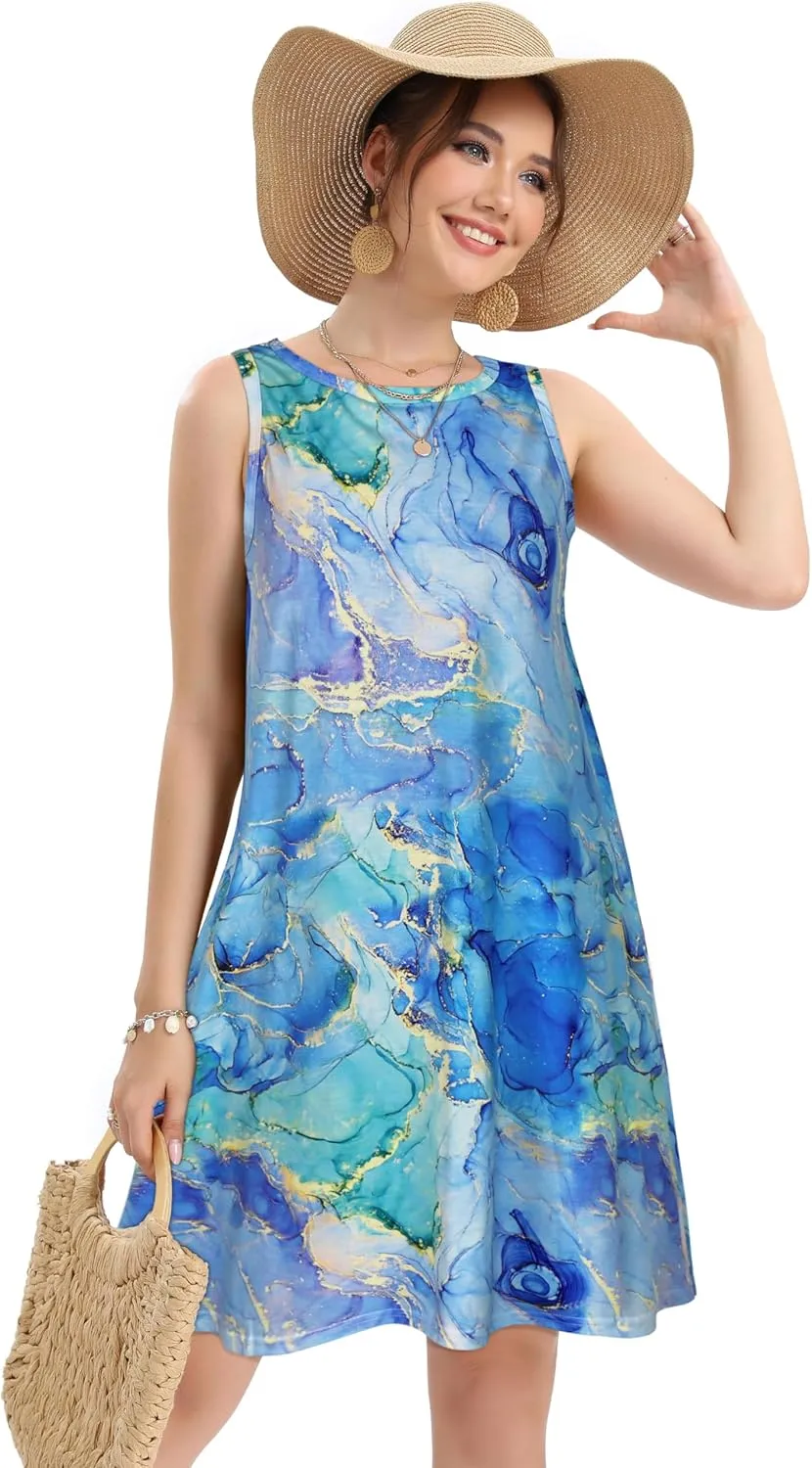 elescat Women's Summer Dresses 2025 Beach Casual Sleeveless Floral Print Tank Loose Sundress with Pocket