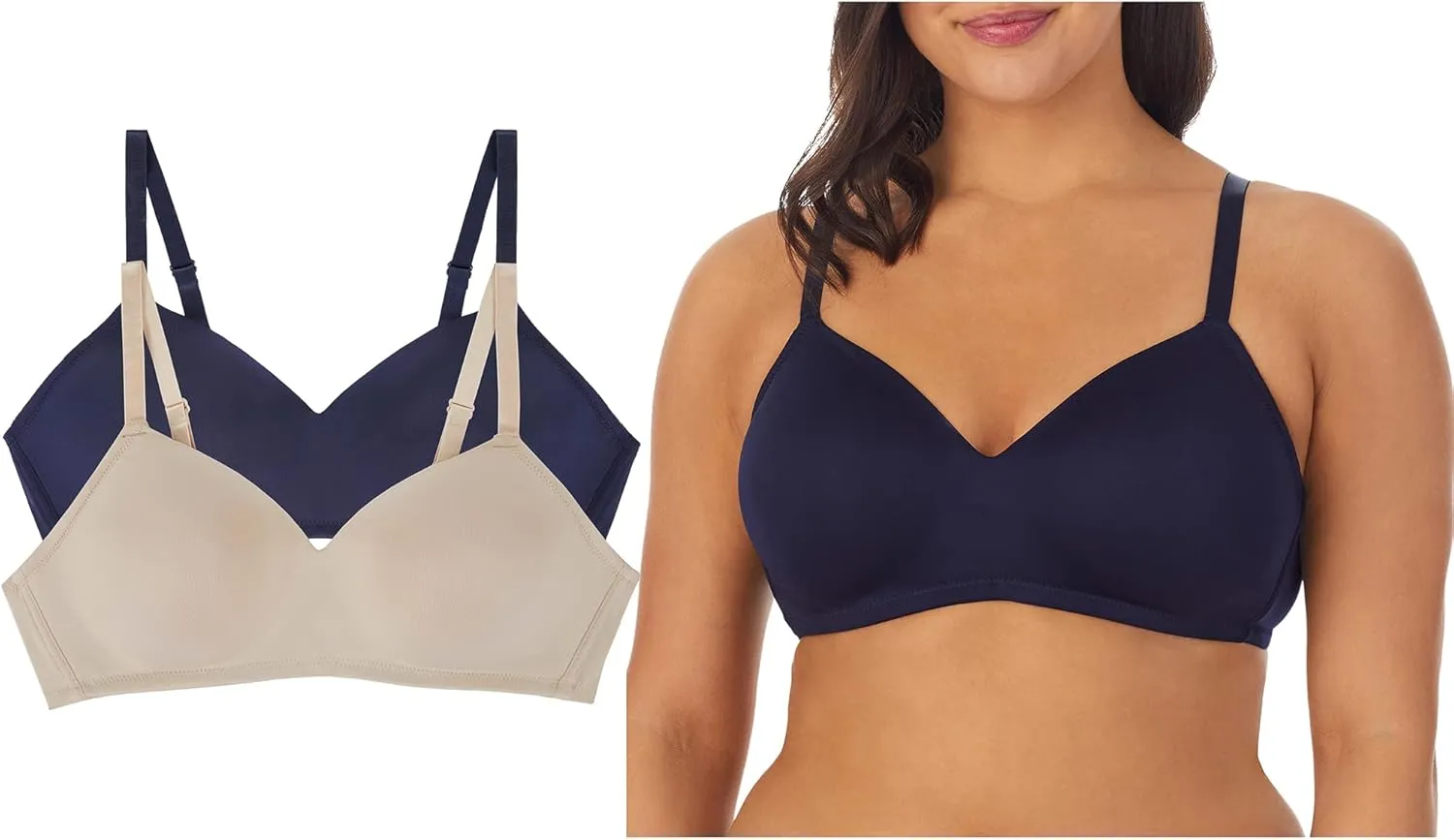 ELLEN TRACY Everyday Micro Wire-Free T-Shirt Bra - Smoothing Comfort - Adjustable Straps - 2-Pack Multipack - 34B Mushroom/Navy