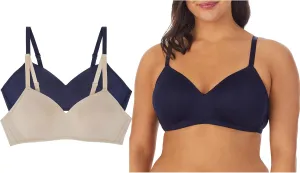 ELLEN TRACY Everyday Micro Wire-Free T-Shirt Bra - Smoothing Comfort - Adjustable Straps - 2-Pack Multipack - 34B Mushroom/Navy