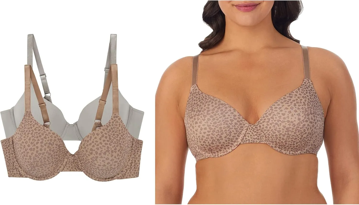 ELLEN TRACY Everyday T-Shirt Bra with Underwire - Adjustable Straps - 2-Pack Multipack - 34C Latte Cheetah/Medium Grey