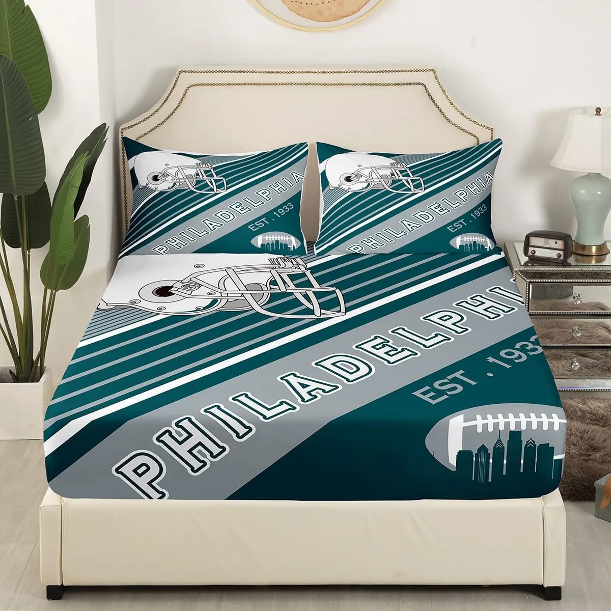 Erosebridal American Football City Sheet Set Football Lovers Toddler Sheets, Rugby Sports Decor Bed Sheets Set Birthday Gifts for Men Geometric Striped Bedding Set, Full 4Pcs(Philadelphia)