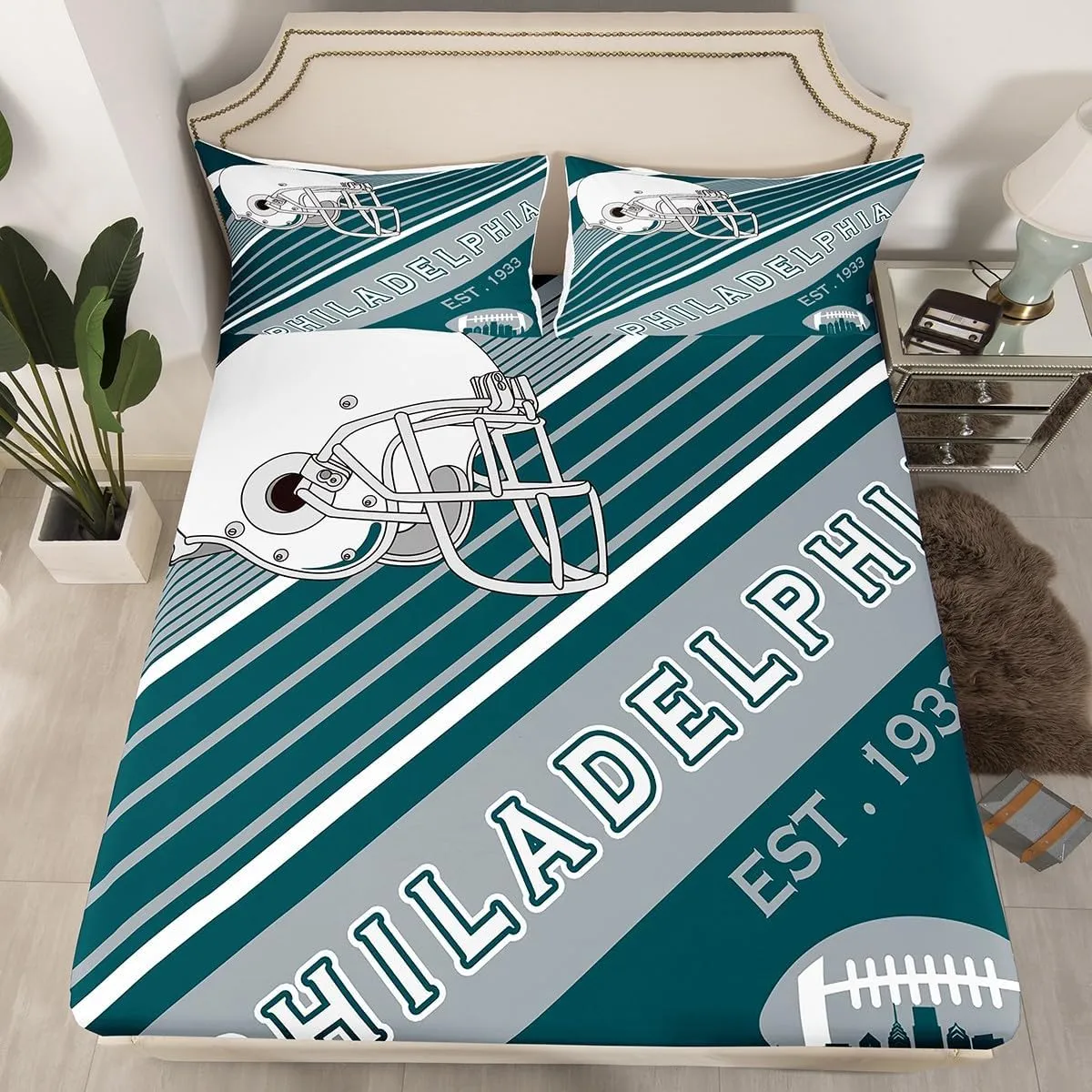 Erosebridal American Football City Sheet Set Football Lovers Toddler Sheets, Rugby Sports Decor Bed Sheets Set Birthday Gifts for Men Geometric Striped Bedding Set, Full 4Pcs(Philadelphia)