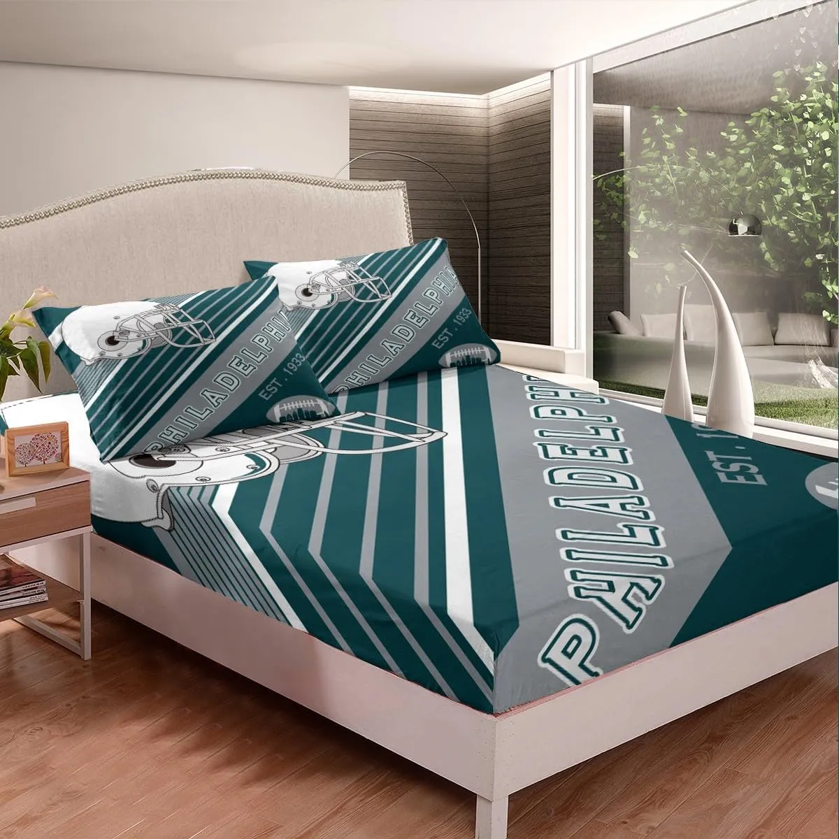 Erosebridal American Football City Sheet Set Football Lovers Toddler Sheets, Rugby Sports Decor Bed Sheets Set Birthday Gifts for Men Geometric Striped Bedding Set, Full 4Pcs(Philadelphia)