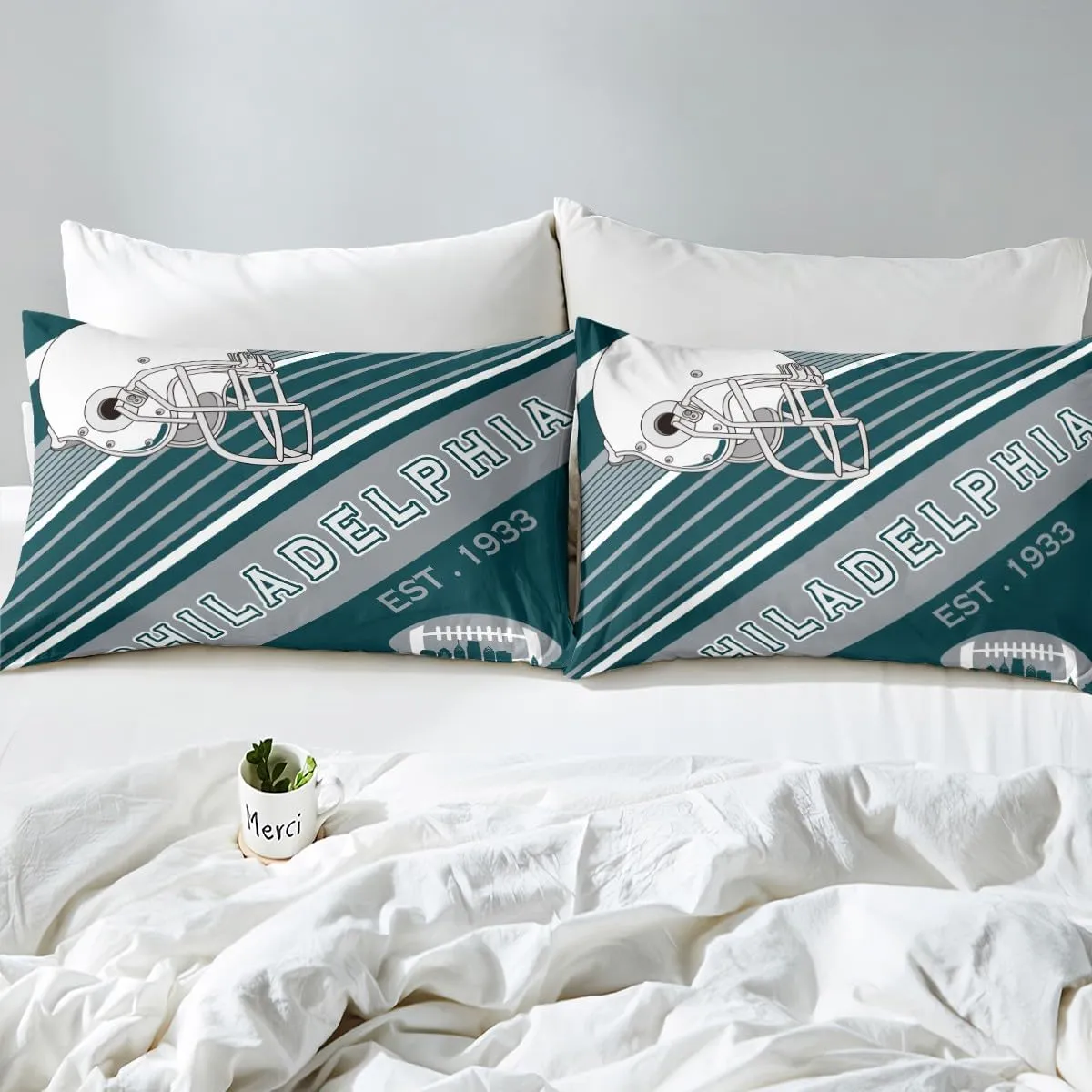 Erosebridal American Football City Sheet Set Football Lovers Toddler Sheets, Rugby Sports Decor Bed Sheets Set Birthday Gifts for Men Geometric Striped Bedding Set, Full 4Pcs(Philadelphia)