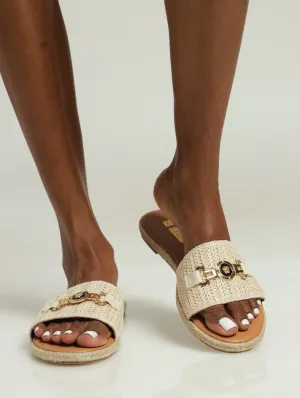 Espadrille One Strap Sandal With Coin Link - Beige