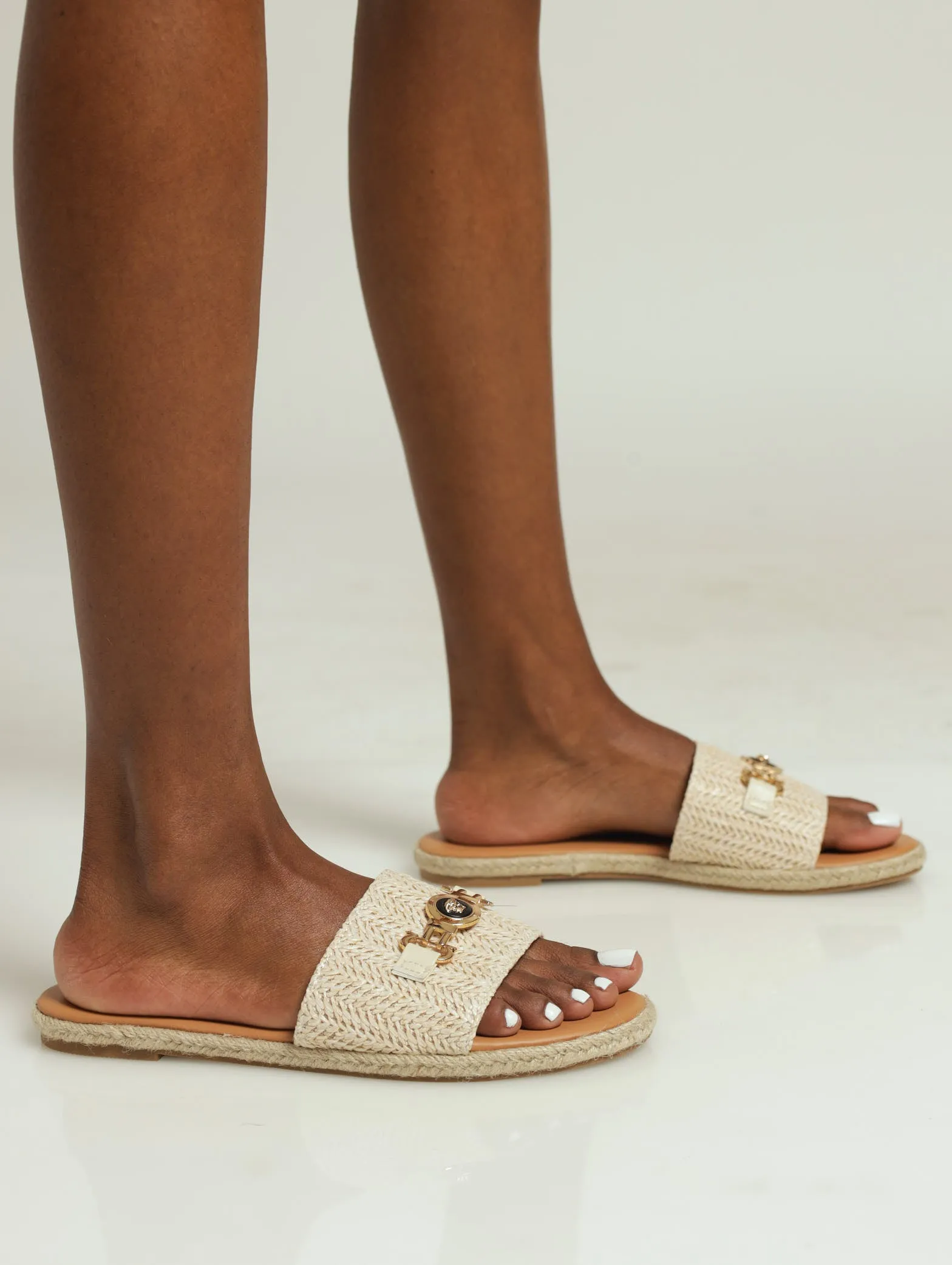 Espadrille One Strap Sandal With Coin Link - Beige
