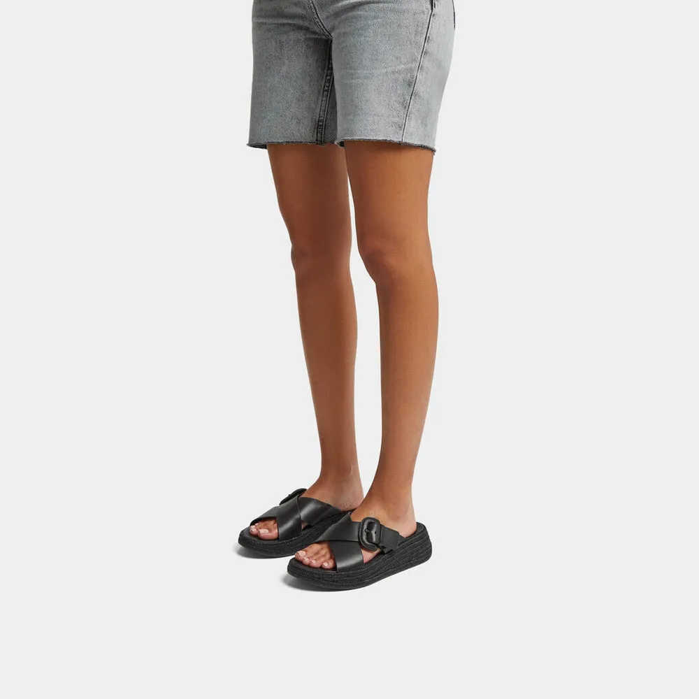 F-MODE Espadrille Buckle Leather Flatform Slides