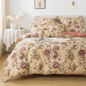 FADFAY Duvet Cover Sets Tan Peony Floral Bedding Shabby Brown Flower Comforter Cover Set Vintage Farmhouse Bedding 100% Cotton Quilt Cover with Hidden Zipper Closure 3Pcs, King/California King Size