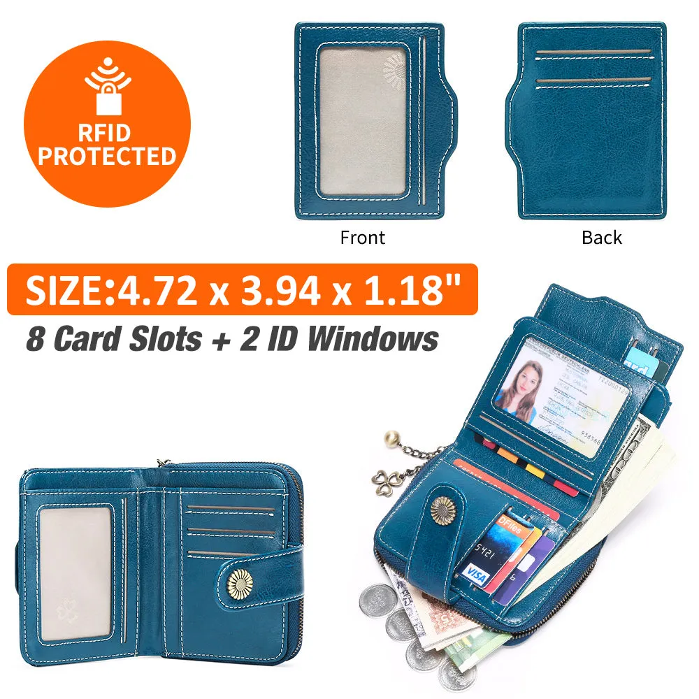FALAN MULE Small Wallet for Women Leather RFID Blocking Bifold Zipper Pocket Card Holder with ID Window