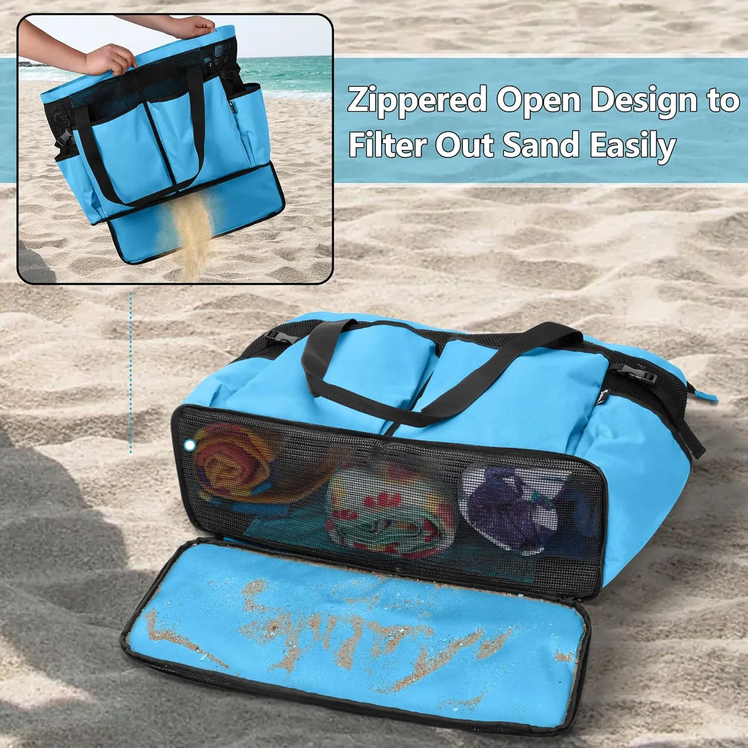 Fasrom Oversized Mesh Tote Bag with Zipper Bottom, Extra Large Beach or Pool Trip (Patent Design)